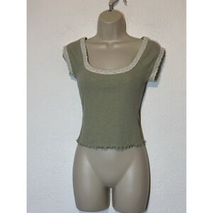 Sugar Moon Green Rib Knit Baby Tee Lace Trim Coquette Y2K Dainty